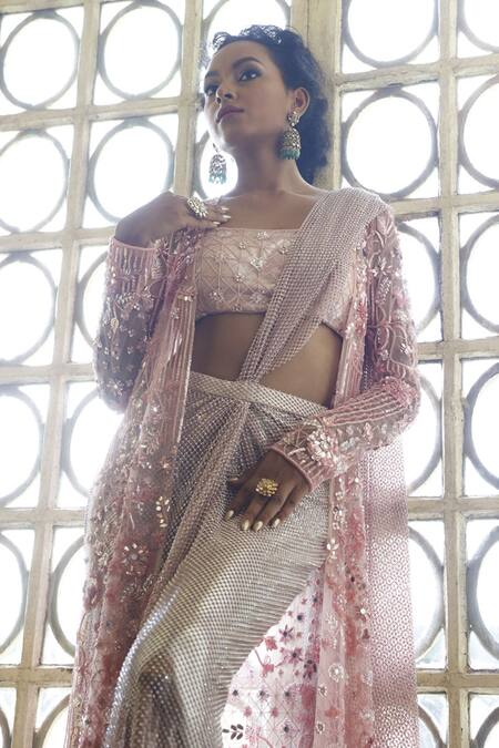 Vikram Phadnis_Pink Skirt Mesh Hand Embroidered Floral Bustier Straight Draped Set With Cape _Online_at_Aza_Fashions