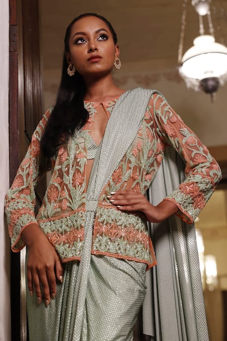 Vikram Phadnis Draped Skirt Saree Set With Embroidered Jacket 