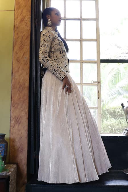 Vikram Phadnis Pleated Skirt With Embroidered Peplum Jacket 