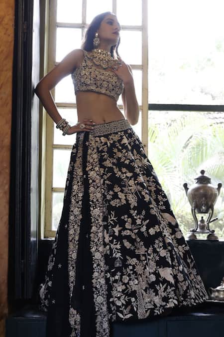 Vikram Phadnis Black Lehenga And Blouse Silk Hand Embroidered Floral Square & Bird Bridal Set Online at Aza Fashions Vikram Phadnis_Black Lehenga And Blouse Silk Hand Embroidered Floral Square & Bird Bridal Set _Online_at_Aza_Fashions