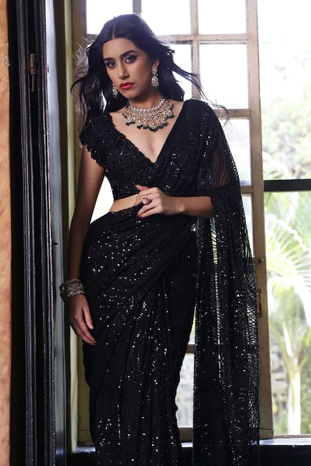 Buy_Vikram Phadnis_Black Saree Net Hand Embroidered Beads Plunged Pan With Blouse _Online_at_Aza_Fashions