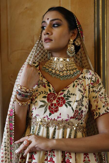 Buy_Vikram Phadnis_Ivory Kalidar Silk Embroidered Thread V Neck Floral Churidar Set _Online_at_Aza_Fashions