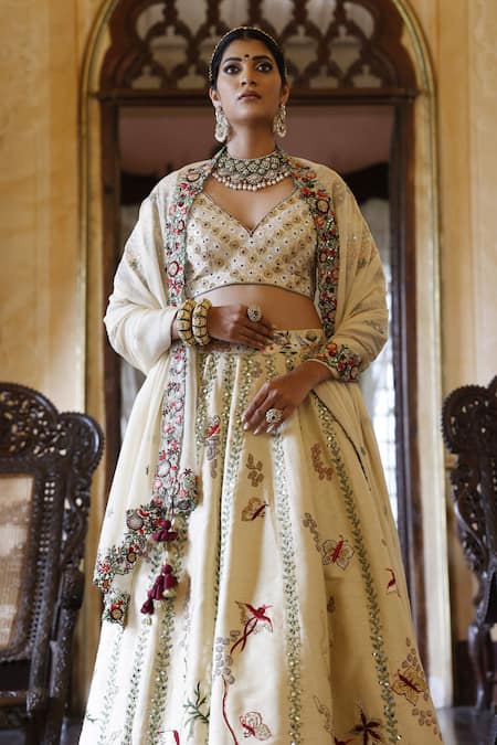 Shop_Vikram Phadnis_Ivory Lehenga And Choli Raw Silk Embroidered Resham V Neck Bridal Set _at_Aza_Fashions