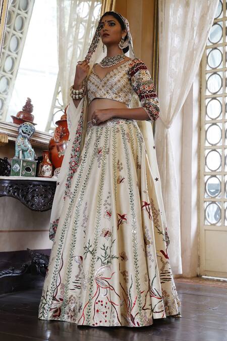 Vikram Phadnis_Ivory Lehenga And Choli Raw Silk Embroidered Resham V Neck Bridal Set _Online_at_Aza_Fashions