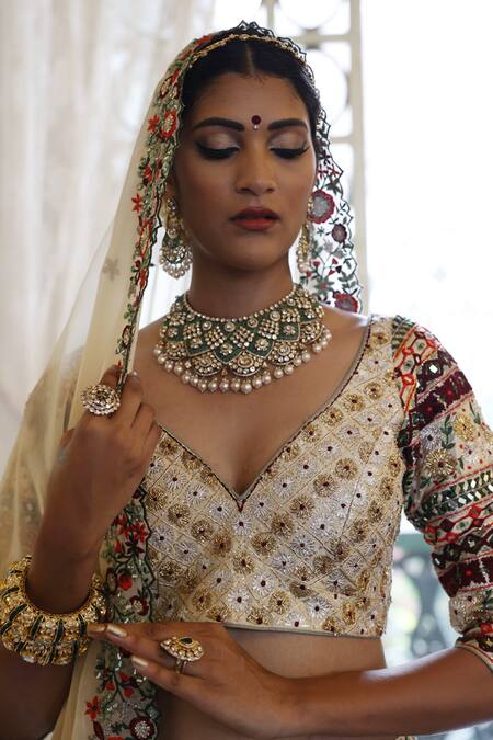 Shop_Vikram Phadnis_Ivory Lehenga And Choli Raw Silk Embroidered Resham V Neck Bridal Set _Online_at_Aza_Fashions