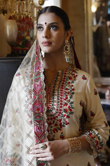 Buy Vikram Phadnis Ivory Silk, Net Embroidery Split V-neck Floral Kurta Sharara Set Online at Aza Fashions Buy_Vikram Phadnis_Ivory Silk, Net Embroidery Split V-neck Floral Kurta Sharara Set _Online_at_Aza_Fashions