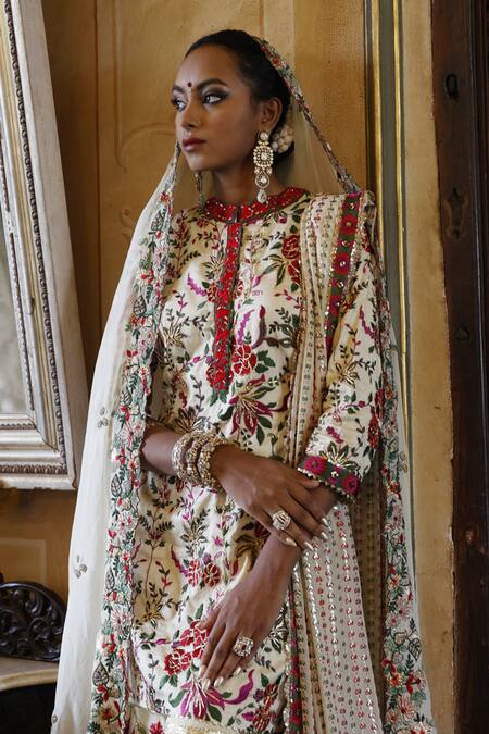 Vikram Phadnis Ivory Kurta Silk Embroidered Floral Band Collar Sharara Set Online at Aza Fashions Vikram Phadnis_Ivory Kurta Silk Embroidered Floral Band Collar Sharara Set _Online_at_Aza_Fashions