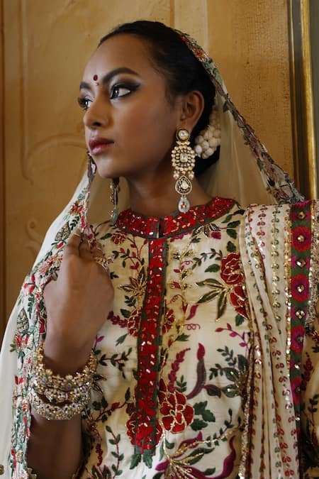 Shop Vikram Phadnis Ivory Kurta Silk Embroidered Floral Band Collar Sharara Set Online at Aza Fashions Shop_Vikram Phadnis_Ivory Kurta Silk Embroidered Floral Band Collar Sharara Set _Online_at_Aza_Fashions