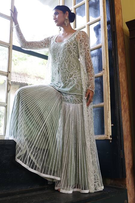 Vikram Phadnis Green Net Embroidered Floral Scoop Abstract Cape Sharara Set Online at Aza Fashions Vikram Phadnis_Green Net Embroidered Floral Scoop Abstract Cape Sharara Set _Online_at_Aza_Fashions