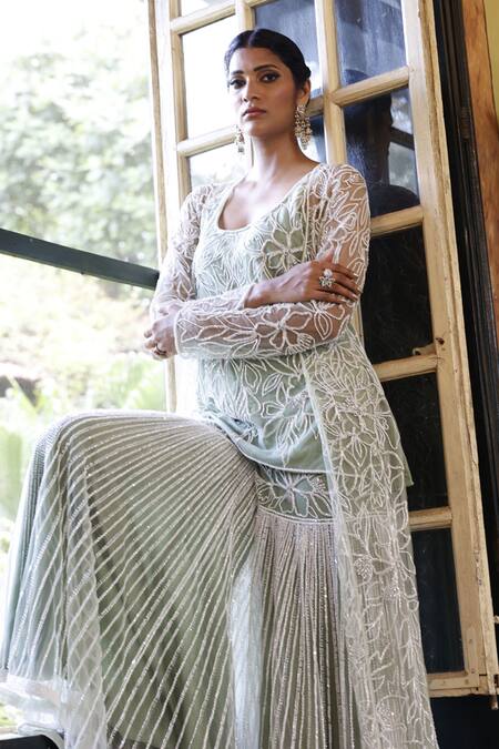 Buy Vikram Phadnis Green Net Embroidered Floral Scoop Abstract Cape Sharara Set Online at Aza Fashions Buy_Vikram Phadnis_Green Net Embroidered Floral Scoop Abstract Cape Sharara Set _Online_at_Aza_Fashions