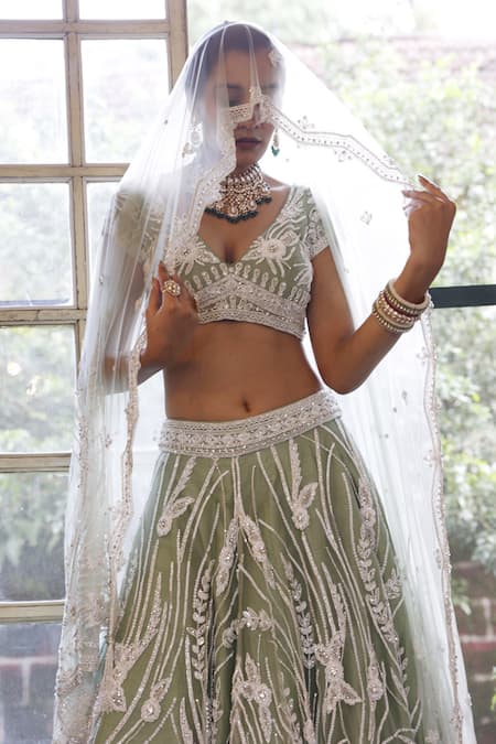 Vikram Phadnis_Green Net Embroidered Cutdana V Abstract Floral And Geometric Bridal Lehenga Set _Online_at_Aza_Fashions