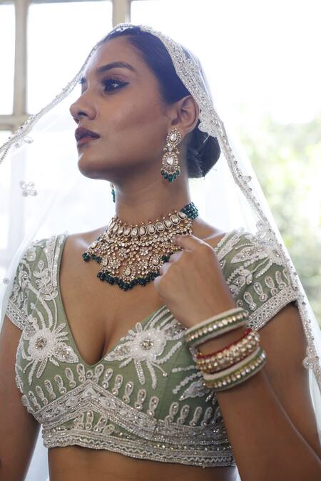 Vikram Phadnis_Green Net Embroidered Cutdana V Abstract Floral And Geometric Bridal Lehenga Set _at_Aza_Fashions