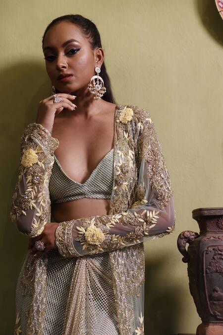 Buy_Vikram Phadnis_Green Skirt And Bustier Mesh Embroidered Thread V Neck Cape Set _Online_at_Aza_Fashions
