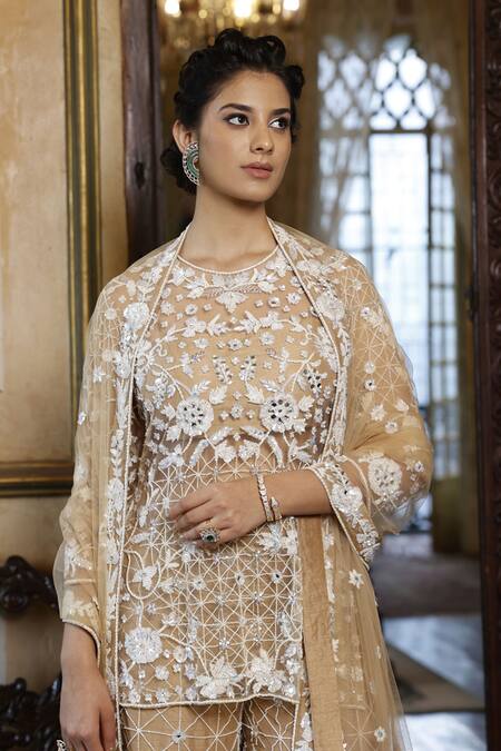 Vikram Phadnis Beige Kurta Embroidered Crystal Round Cutdana And Mirror Sharara Set Online at Aza Fashions Vikram Phadnis_Beige Kurta Embroidered Crystal Round Cutdana And Mirror Sharara Set _Online_at_Aza_Fashions