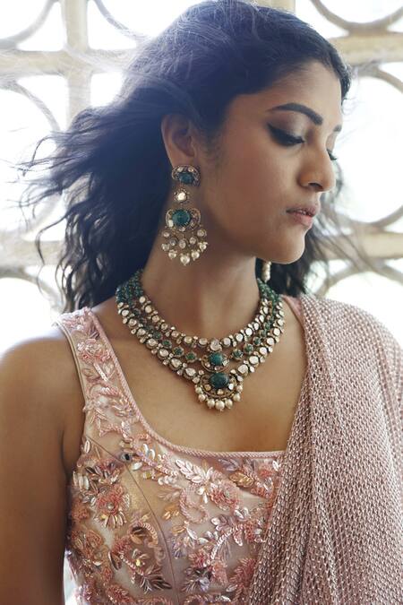 Buy_Vikram Phadnis_Pink Saree Bask Shimmer Lycra Embroidered Leaf Multi Layered With Choli 