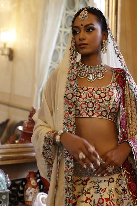 Buy_Vikram Phadnis_Ivory Lehenga And Choli Silk Embroidered Floral Square Work Bridal Set _Online_at_Aza_Fashions