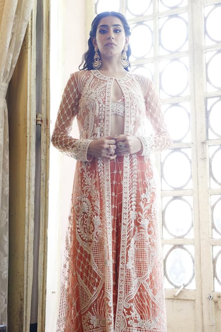 Vikram Phadnis_Peach Net Embroidered Cutdana Round Cape Sharara Set _Online_at_Aza_Fashions