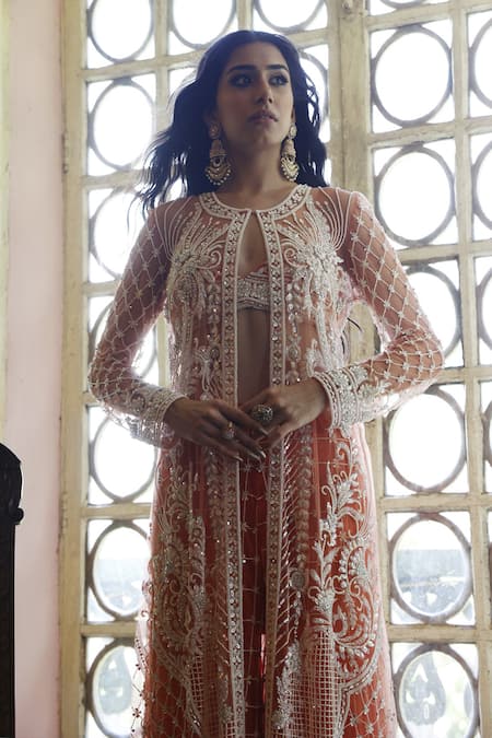 Buy_Vikram Phadnis_Peach Net Embroidered Cutdana Round Cape Sharara Set _Online_at_Aza_Fashions