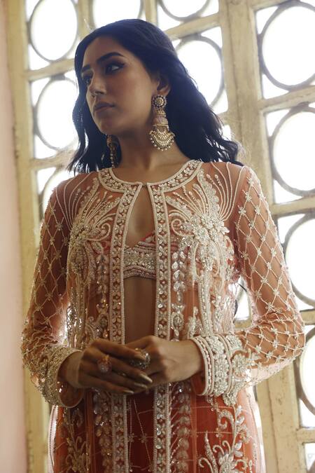 Shop_Vikram Phadnis_Peach Net Embroidered Cutdana Round Cape Sharara Set _Online_at_Aza_Fashions