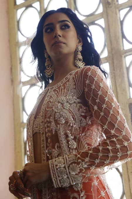 Vikram Phadnis_Peach Net Embroidered Cutdana Round Cape Sharara Set _at_Aza_Fashions