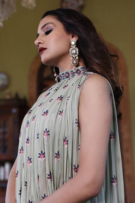 Shop Vikram Phadnis Green Kurta Georgette Embroidered High Round Gathered Pant Set Online at Aza Fashions Shop_Vikram Phadnis_Green Kurta Georgette Embroidered High Round Gathered Pant Set _Online_at_Aza_Fashions