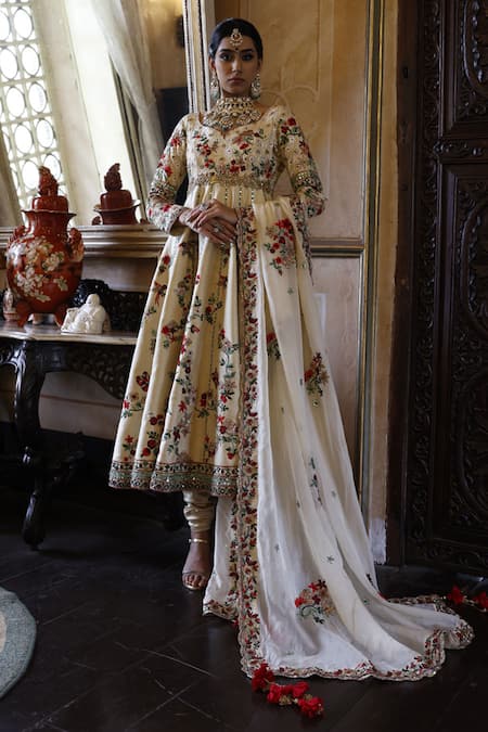 Vikram Phadnis Ivory Kalidar Silk Embroidered Leaf Churidar Set 