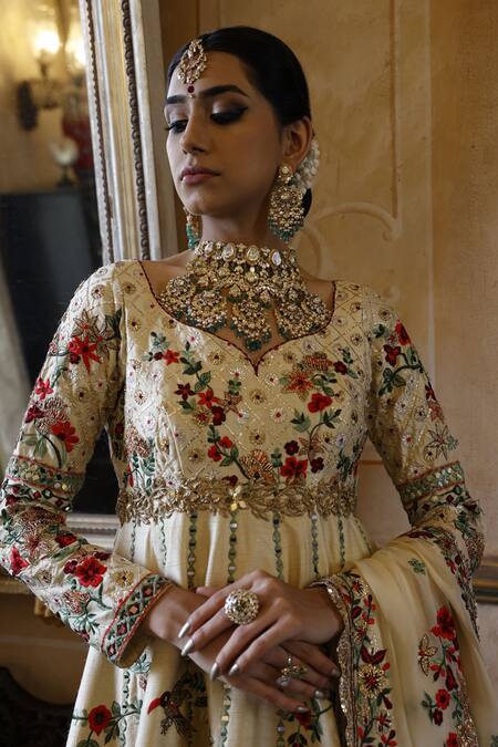 Shop Vikram Phadnis Ivory Kalidar Silk Embroidered Leaf Churidar Set Online at Aza Fashions Shop_Vikram Phadnis_Ivory Kalidar Silk Embroidered Leaf Churidar Set _Online_at_Aza_Fashions