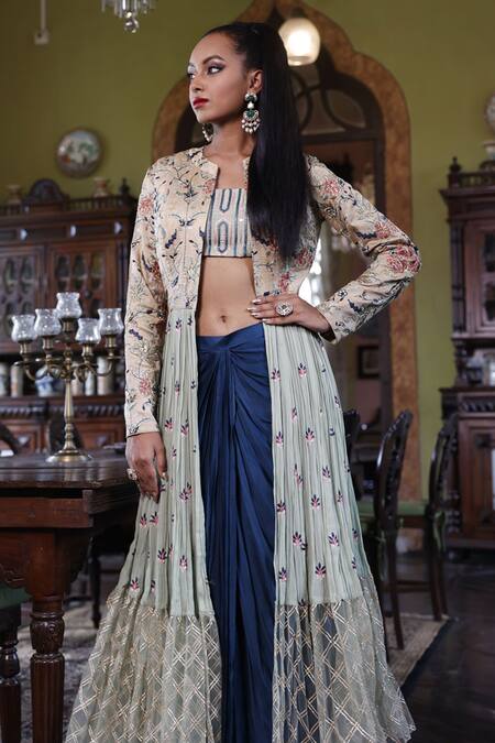 Vikram Phadnis_Multi Color Silk Embroidered Band Collar Layered Cape Draped Skirt Set _Online_at_Aza_Fashions