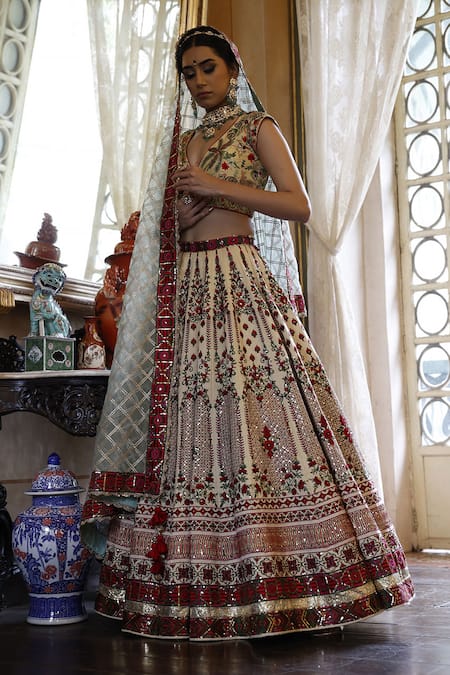 Vikram Phadnis_Ivory Lehenga And Choli New Raw Silk Embroidered V Neck Kali Bridal Set _Online_at_Aza_Fashions