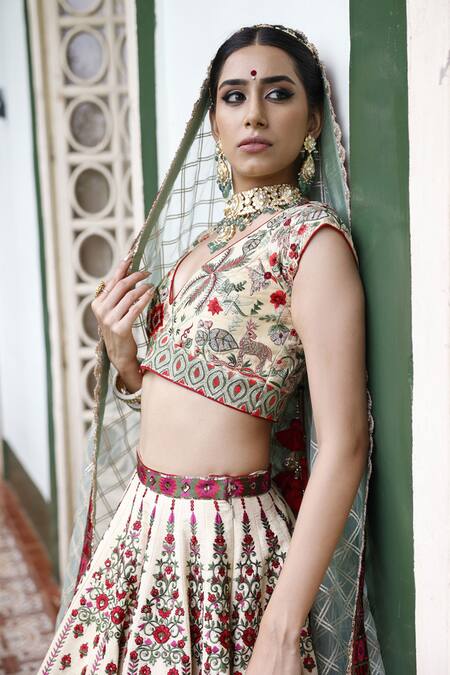 Shop_Vikram Phadnis_Ivory Lehenga And Choli New Raw Silk Embroidered V Neck Kali Bridal Set _Online_at_Aza_Fashions