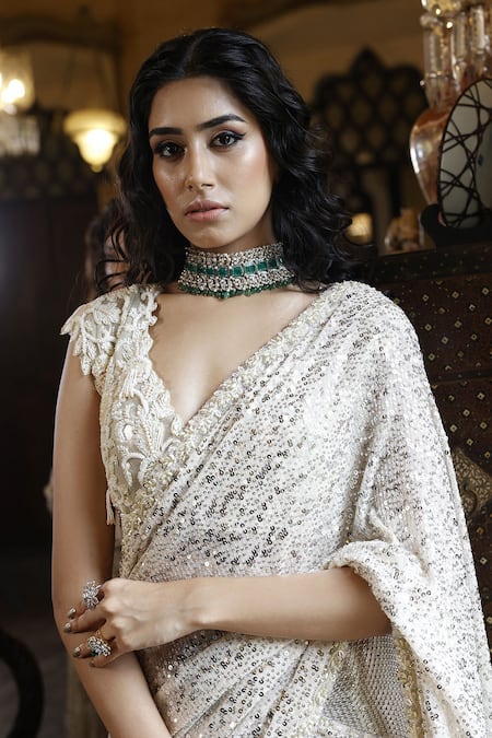 Shop_Vikram Phadnis_Ivory Saree Skirt Mesh Lycra Embroidered V Neck Knotted Pre-draped With Choli _Online_at_Aza_Fashions