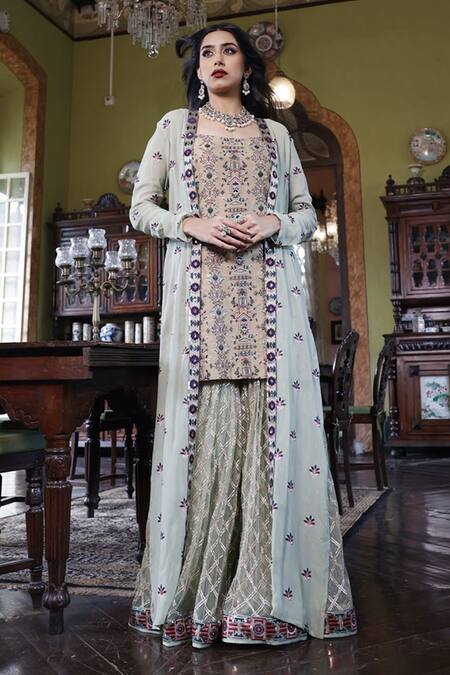 Vikram Phadnis Green Silk, Net, Georgette Embroidery Square Neck Longline Cape Sharara Set Online at Aza Fashions Vikram Phadnis_Green Silk, Net, Georgette Embroidery Square Neck Longline Cape Sharara Set _Online_at_Aza_Fashions