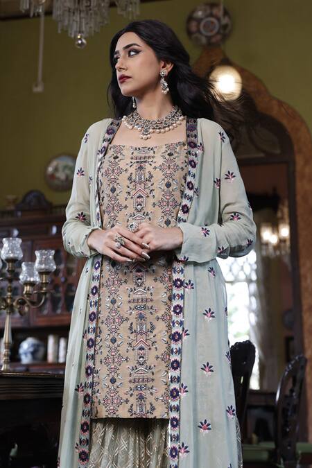 Buy Vikram Phadnis Green Silk, Net, Georgette Embroidery Square Neck Longline Cape Sharara Set Online at Aza Fashions Buy_Vikram Phadnis_Green Silk, Net, Georgette Embroidery Square Neck Longline Cape Sharara Set _Online_at_Aza_Fashions