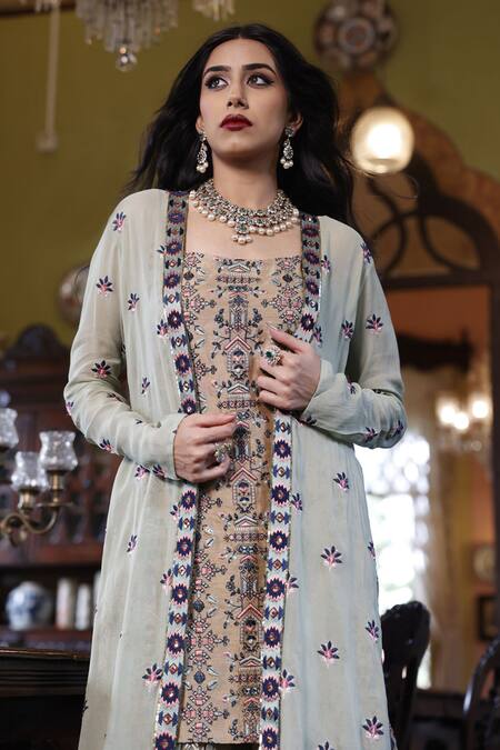 Shop Vikram Phadnis Green Silk, Net, Georgette Embroidery Square Neck Longline Cape Sharara Set Online at Aza Fashions Shop_Vikram Phadnis_Green Silk, Net, Georgette Embroidery Square Neck Longline Cape Sharara Set _Online_at_Aza_Fashions