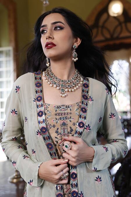 Vikram Phadnis Green Silk, Net, Georgette Embroidery Square Neck Longline Cape Sharara Set at Aza Fashions Vikram Phadnis_Green Silk, Net, Georgette Embroidery Square Neck Longline Cape Sharara Set _at_Aza_Fashions