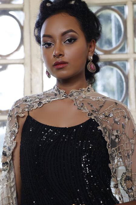 Vikram Phadnis_Black Net Sequins, Cut Work Scoop Neck Embroidered Cape With Flared Pant Set _Online_at_Aza_Fashions