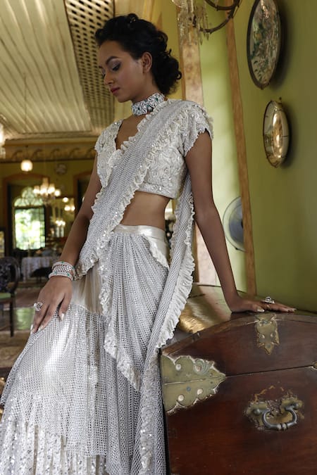 Vikram Phadnis Layered Embroidered Pre-Draped Saree With Blouse 