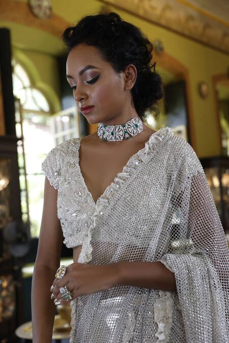 Vikram Phadnis_Ivory Net, Lycra Cut Work, Layered Embroidered Pre-draped Saree With Blouse _Online_at_Aza_Fashions