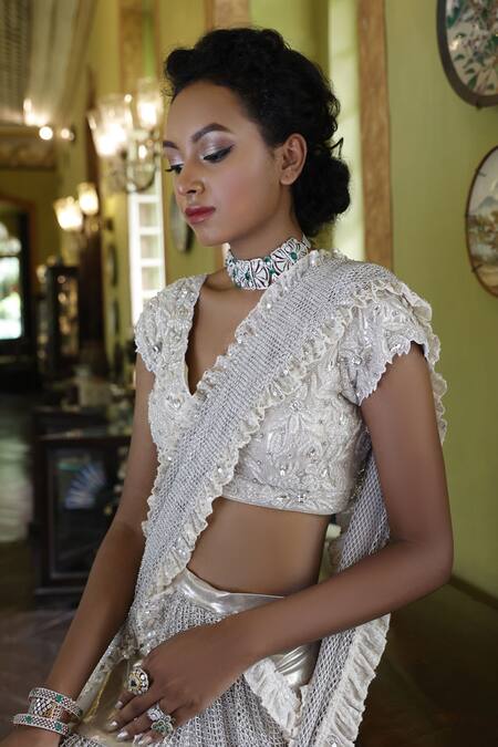 Buy_Vikram Phadnis_Ivory Net, Lycra Cut Work, Layered Embroidered Pre-draped Saree With Blouse _Online_at_Aza_Fashions