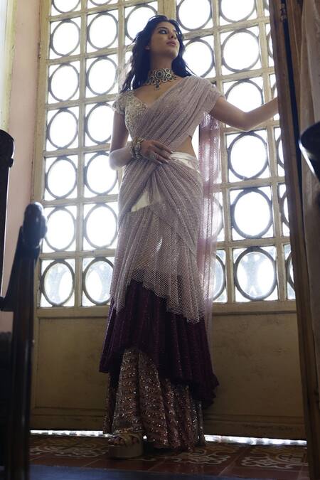 Vikram Phadnis_Pink Net, Lycra Diamonds, Layered Pre-draped Saree With Embroidered Blouse _Online_at_Aza_Fashions