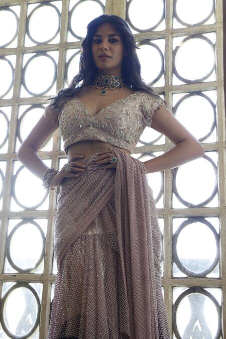 Buy_Vikram Phadnis_Pink Net, Lycra Diamonds, Layered Pre-draped Saree With Embroidered Blouse _Online_at_Aza_Fashions