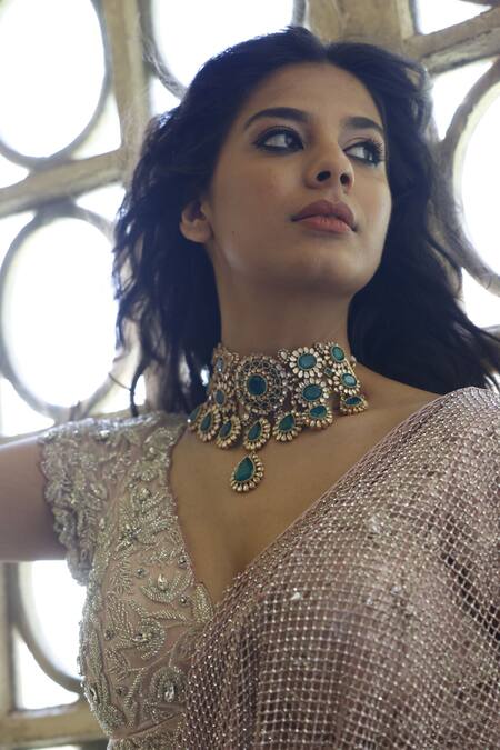 Vikram Phadnis_Pink Net, Lycra Diamonds, Layered Pre-draped Saree With Embroidered Blouse _at_Aza_Fashions