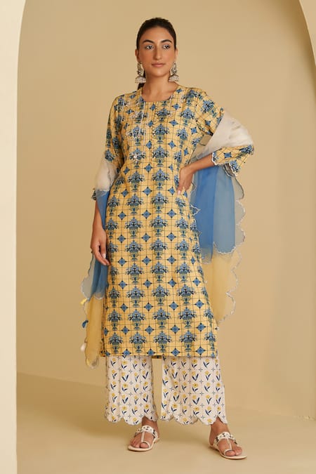 Sage Saga Yellow , , Bansuri Suvaarn Floral Print Kurta Pant Set 