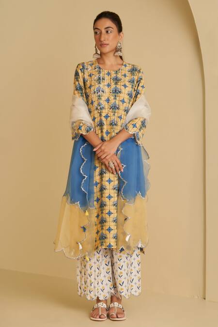 Sage Saga Yellow , , Bansuri Suvaarn Floral Print Kurta Pant Set at Aza Fashions Sage Saga_Yellow , , Bansuri Suvaarn Floral Print Kurta Pant Set _at_Aza_Fashions