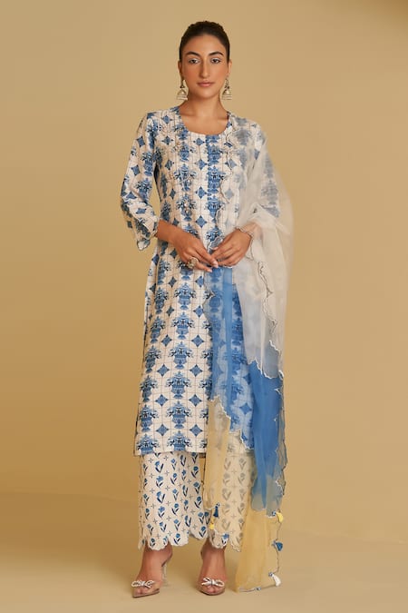 Sage Saga Blue , , Bansuri Neel Floral Print Kurta Pant Set 