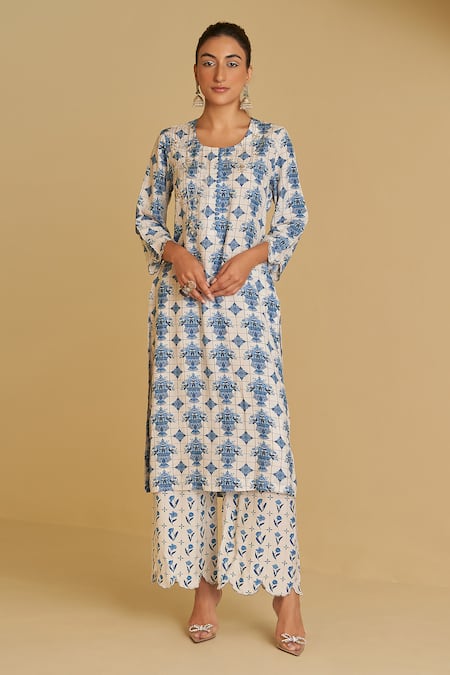 Sage Saga_Blue , , Bansuri Neel Floral Print Kurta Pant Set _Online_at_Aza_Fashions