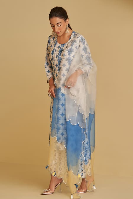 Sage Saga_Blue , , Bansuri Neel Floral Print Kurta Pant Set _at_Aza_Fashions