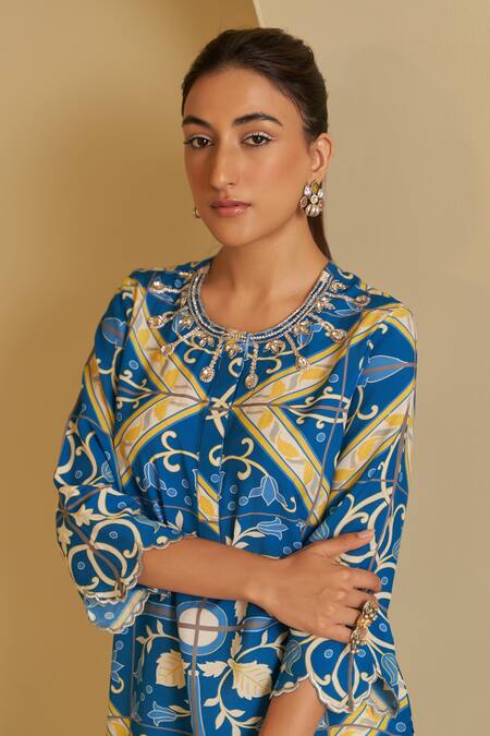 Buy Sage Saga Blue , , Veena Suvaarn Floral Print Kurta Pant Set Buy_Sage Saga_Blue , , Veena Suvaarn Floral Print Kurta Pant Set