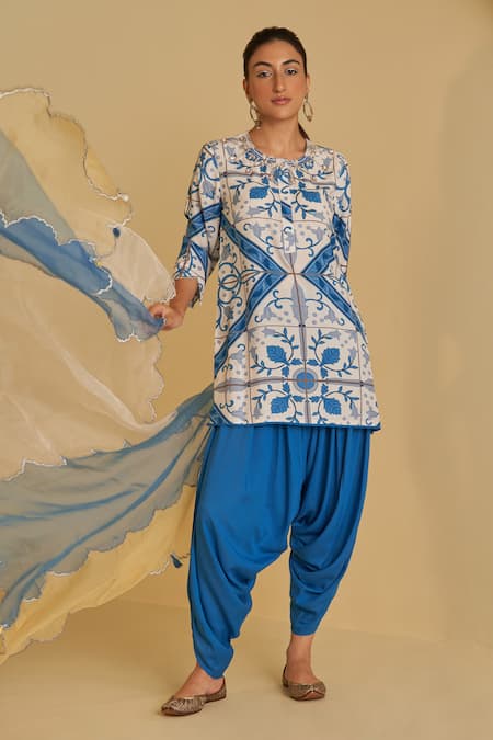 Sage Saga Blue , , Veena Neel Floral Print Kurta Pant Set 