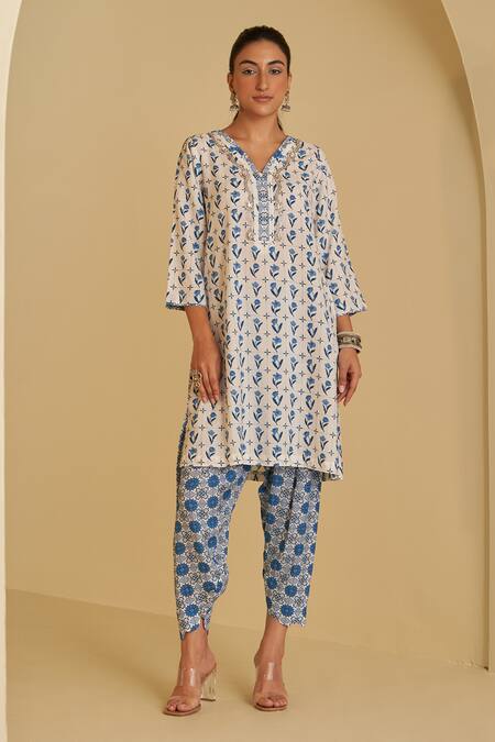 Sage Saga_Ivory , , Sarang Neel Floral Print Kurta Salwar Set _Online_at_Aza_Fashions